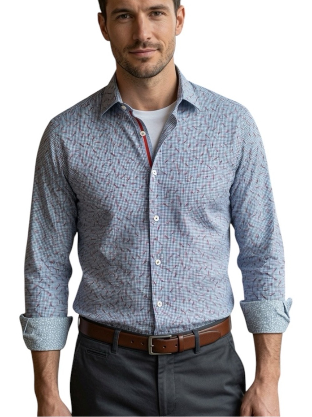 BUGATCHI: Blue & White Checker Print Button-Up Shirt with Peppers -Size XL
